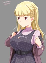 Rule 34 | 1girl, puff of air, black dress, blonde hair, blush, breasts, character name, closed mouth, coat, dress, grey background, kichihachi, large breasts, long hair, looking to the side, open clothes, open coat, pink sweater, plaid, plaid dress, red eyes, simple background, solo, sweater, tokyo 7th sisters, turtleneck, turtleneck sweater, twitter username, two side up, uesugi u. kyouko