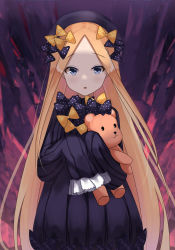 Rule 34 | 1girl, :o, abigail williams (fate), absurdres, black bow, black dress, black hat, blonde hair, blue eyes, bow, bug, butterfly, commentary request, dress, fate/grand order, fate (series), forehead, hair bow, hat, highres, hugging object, insect, long hair, long sleeves, looking at viewer, nagisa (pixiv17634981), orange bow, parted bangs, parted lips, polka dot, polka dot bow, sleeves past wrists, solo, stuffed animal, stuffed toy, teddy bear, very long hair
