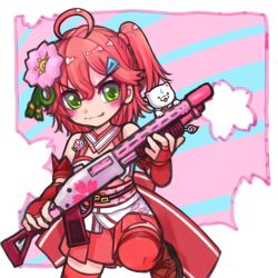 Rule 34 | 1girl, 35p (sakura miko), ahoge, aozane, bare shoulders, belt, blush, brooch, cat, cherry blossom print, cherry blossoms, cleavage cutout, clothing cutout, floral print, flower, green eyes, gun, hair ornament, hairclip, highres, holding, holding gun, holding weapon, hololive, jewelry, miniskirt, nontraditional miko, one side up, pink hair, pink thighhighs, sakura miko, sakura miko (old design), shotgun, skirt, thighhighs, virtual youtuber, weapon, zettai ryouiki