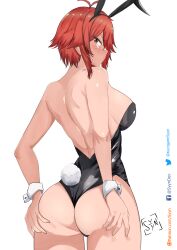 Rule 34 | 1girl, aizawa tomo, animal ears, antenna hair, artist logo, artist name, ass, ass grab, bare back, bare shoulders, black leotard, blush, breasts, facebook username, fake animal ears, fake tail, from behind, hand on own ass, highres, large breasts, leotard, looking at viewer, looking back, nipples, patreon username, playboy bunny, pout, rabbit ears, rabbit tail, red eyes, red hair, shiny skin, short hair, simple background, solo, strapless, strapless leotard, syyn (syyndev), tail, tomo-chan wa onna no ko, twitter username, wardrobe malfunction, white background, wrist cuffs