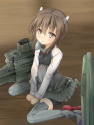 Rule 34 | 10s, 1girl, bike shorts, blush, boots, brown eyes, brown hair, flat chest, flight deck, from above, headband, headgear, highres, kantai collection, looking up, personification, pleated skirt, ryon (kiririn623), short hair, sitting, skirt, solo, taihou (kancolle), thigh boots, thighhighs, wariza