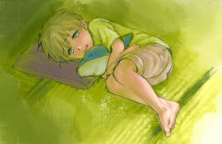 Rule 34 | 10s, 1boy, barefoot, blush, brown hair, child, crossed ankles, crying, free!, full body, green eyes, hair between eyes, holding, kuginkai, lying, male focus, no shoes, on side, open mouth, pants, pillow, short hair, shorts, solo, stuffed animal, stuffed toy, tachibana makoto, tears, aged down