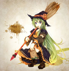 Rule 34 | 1girl, bad id, bad pixiv id, blue eyes, broom, carrying over shoulder, cookie, food, green hair, happy halloween, hat, long hair, looking at viewer, mouth hold, original, solo, squatting, very long hair, witch, witch hat, yonema