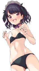 Rule 34 | 1girl, :d, bare arms, bare shoulders, bikini, black bikini, black gloves, black hair, blush, breasts, choker, claw pose, collarbone, commentary request, fangs, fukumaru koito, gloves, gluteal fold, groin, halloween, hands up, highres, idolmaster, idolmaster shiny colors, kuroba aki, looking at viewer, maid headdress, navel, open mouth, purple choker, simple background, small breasts, smile, solo, standing, strapless, strapless bikini, swimsuit, v-shaped eyebrows, white background