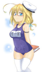 Rule 34 | 10s, 1girl, ahoge, arm behind back, blonde hair, blue eyes, blush, book, breasts, glasses, hat, i-8 (kancolle), kantai collection, kazawa (tonzura-d), looking at viewer, one-piece swimsuit, red-framed eyewear, school swimsuit, short hair, smile, solo, swimsuit, thighhighs, white thighhighs
