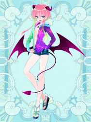 Rule 34 | androgynous, blue background, blue eyes, demon tail, full body, gender request, gradient hair, hand in pocket, horns, jewelry, kerberos blade, l (matador), looking at viewer, multicolored hair, nail polish, necklace, pink hair, sandals, short shorts, shorts, sidelocks, simple background, smile, solo, standing, star (symbol), star print, tail, unzipping, wings