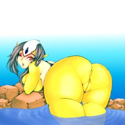 Rule 34 | 1girl, anus, ao no roku-gou, artist name, ass, colored skin, fang, from behind, gradient background, grey hair, looking back, monster girl, mutio, one eye closed, open mouth, pointy ears, pussy, red eyes, solo, water, yellow anus, yellow skin