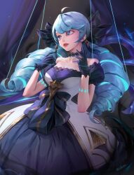 Rule 34 | 1girl, ahoge, bare shoulders, black bow, black dress, black gloves, black sleeves, blue hair, bow, breasts, cleavage, detached sleeves, dress, drill hair, earrings, glove bow, gloves, gwen (league of legends), hair bow, highres, jewelry, large breasts, league of legends, long hair, ribbon, smile, solo, syami (choiimi), teeth, twin drills, twintails, white dress