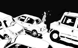 Rule 34 | 1girl, black background, car, closed mouth, commentary, expressionless, greyscale, highres, jacket, jeep, kgeroua, long sleeves, looking at viewer, monochrome, motor vehicle, original, outdoors, road, short hair, solo focus, street, symbol-only commentary