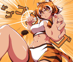 Rule 34 | &gt;:&lt;, 1girl, :&lt;, abs, animal ears, animal print, closed mouth, kotora (mazume), mazume, multicolored hair, navel, orange background, orange hair, original, solo, swimsuit, tail, tiger ears, tiger print, tiger tail, v-shaped eyebrows, white hair