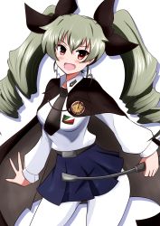 Rule 34 | 1girl, anchovy (girls und panzer), anzio (emblem), anzio school uniform, belt, black belt, black cape, black necktie, black ribbon, black skirt, cape, commentary, cowboy shot, dress shirt, drill hair, emblem, girls und panzer, green hair, hair ribbon, highres, long hair, long sleeves, looking at viewer, meiya, miniskirt, necktie, open mouth, pantyhose, pleated skirt, red eyes, ribbon, riding crop, school uniform, shadow, shirt, simple background, skirt, smile, solo, standing, twin drills, twintails, white background, white pantyhose, white shirt, wing collar