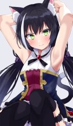 Rule 34 | 1girl, animal ear fluff, animal ears, armpits, arms behind head, arms up, bare arms, bare shoulders, black hair, black thighhighs, blush, breasts, cat ears, cat girl, cat tail, dress, frown, gomashi (goma), green eyes, high collar, highres, karyl (princess connect!), looking at viewer, low twintails, medium breasts, multicolored hair, princess connect!, simple background, sleeveless, sleeveless dress, solo, streaked hair, tail, thighhighs, twintails, v-shaped eyebrows, white hair