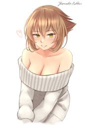 Rule 34 | 1girl, bare shoulders, blush, breasts, brown hair, cropped arms, cropped legs, green eyes, hair between eyes, heart, highres, kantai collection, large breasts, looking at viewer, mutsu (kancolle), off-shoulder sweater, off shoulder, rekka yamato, short hair, simple background, smile, solo, sweater, white background, white sweater