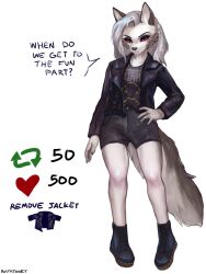 Rule 34 | 1girl, :&lt;, animal ear fluff, animal ears, animal nose, arm at side, arrow (symbol), artist name, asymmetrical hair, black footwear, black jacket, black shirt, black shorts, blush, body fur, boots, closed mouth, clothes writing, colored sclera, english text, female focus, flat chest, full body, furry, furry female, grey fur, grey hair, half-closed eyes, hand on own hip, heart, helluva boss, highres, jacket, legs, light blush, long hair, long sleeves, looking at viewer, loona (helluva boss), open clothes, open jacket, ratatooey, red sclera, shirt, shirt tucked in, short shorts, short sleeves, shorts, signature, simple background, snout, solo, speech bubble, standing, tail, talking, twitter strip game (meme), two-tone fur, white background, white eyes, white fur, wolf ears, wolf girl, wolf tail