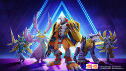 Rule 34 | 1girl, 4boys, android, angel, angel wings, armor, bandai, bandai namco, breastplate, breasts, cherubimon, cherubimon (virtue), claws, copyright name, digimon, digimon (creature), digimon new century, full body, helmet, holding, holding weapon, horns, looking at viewer, looking to the side, mechanical wings, metalgarurumon, monster, multiple boys, multiple wings, muscular, neon lights, no humans, ofanimon, official art, seraph, seraphimon, shield, shoulder armor, simple background, standing, toei animation, wargreymon, weapon, wings
