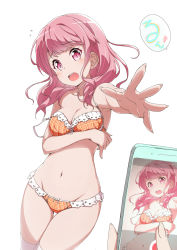 Rule 34 | 1girl, akata itsuki, bang dream!, bra, breasts, cellphone, cleavage, commentary, frilled bra, frilled panties, frills, highres, maruyama aya, orange panties, panties, phone, pink eyes, pink hair, plaid, plaid panties, reaching, reaching towards viewer, smartphone, solo focus, strap slip, taking picture, thighhighs, underwear, underwear only, white background