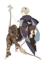 Rule 34 | 1boy, ai-wa, arrow (projectile), blonde hair, boots, bow (weapon), cloak, fire emblem, fire emblem fates, gloves, green eyes, highres, holding, holding bow (weapon), holding weapon, jewelry, leo (fire emblem), male focus, necklace, nintendo, quiver, simple background, solo, weapon, white background