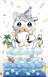 Rule 34 | animal, animal focus, animalization, birthday, black eyes, blue eyes, blush, cake, closed mouth, commentary request, confetti, coral, eoduun badaui deungbul-i doeeo, fish, food, hamkuku sea, hamster, hat, heterochromia, holding, holding stuffed toy, jellyfish, korean commentary, lantern, looking at viewer, no humans, on food, palm tree, park moo-hyun, party hat, simple background, sitting, sitting on food, solo, stuffed animal, stuffed toy, stuffed whale, tree, white background