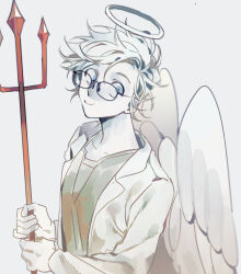 Rule 34 | 1boy, angel wings, blue eyes, closed mouth, commentary, glasses, grey shirt, halo, highres, holding, holding pitchfork, kanou aogu, lab coat, long sleeves, male focus, open clothes, pitchfork, saibou shinkyoku, sanglom, shirt, short hair, simple background, smile, solo, symbol-only commentary, upper body, white background, white hair, white halo, white wings, wings