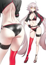 Rule 34 | absurdres, ahoge, ass, bikini, black bikini, black choker, black jacket, choker, cropped jacket, fate/grand order, fate (series), hand on own hip, hands on own hips, high heels, highres, jacket, jeanne d&#039;arc alter (swimsuit berserker) (fate), jeanne d&#039;arc (fate), jeanne d&#039;arc alter (fate), jeanne d&#039;arc alter (swimsuit berserker) (fate), kiritzugu, o-ring, o-ring bikini, o-ring bottom, o-ring top, pout, red legwear, shrug (clothing), simple background, single thighhigh, swimsuit, thigh strap, thighhighs, white background, yellow eyes