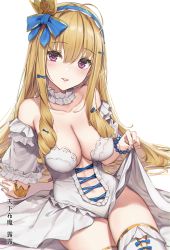 Rule 34 | 1girl, absurdres, arm support, bare shoulders, blonde hair, blue bow, blue hairband, blush, bow, bracelet, breasts, center opening, chinese commentary, cleavage, collarbone, commentary request, crown, frills, hairband, head tilt, highres, jewelry, large breasts, leaning back, leotard, lipstick, looking at viewer, makeup, navel, original, parted lips, purple eyes, simple background, sitting, smile, solo, strapless, strapless leotard, thighhighs, translation request, waist cape, wet.elephant, white background, white leotard, white thighhighs