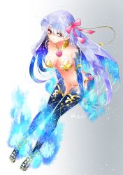 Rule 34 | 1girl, absurdres, armor, bikini armor, blue fire, breasts, cleavage, closed mouth, collar, earrings, fate/grand order, fate (series), fire, floating, flower, gradient background, grey background, hair ribbon, highres, jewelry, kama (fate), large breasts, leaning forward, legs, long hair, looking to the side, lotus, metal collar, pink ribbon, red eyes, ribbon, shiromantou, silver hair, solo, space, star (sky), thighlet, thighs