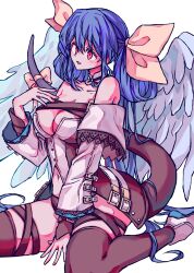 Rule 34 | 1girl, absurdres, angel wings, asymmetrical wings, bare shoulders, belt, black thighhighs, blue hair, breasts, cleavage, cleavage cutout, clothing cutout, collarbone, dizzy (guilty gear), guilty gear, guilty gear xrd, hair rings, highres, ktknpdy, large breasts, long hair, midriff, monster girl, navel, off shoulder, open mouth, red eyes, ribbon, sidelocks, simple background, sitting, skindentation, solo, stomach, tail, tail ornament, tail ribbon, thick thighs, thigh strap, thighhighs, thighs, twintails, wariza, white background, wings