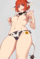 Rule 34 | 1girl, :d, animal ears, animal print, bell, neck bell, bikini, breasts, collar, cow ears, cow print, cow tail, fake animal ears, feguimel, freckles, from below, grey background, highres, looking at viewer, medium breasts, navel, open mouth, orange hair, original, purple eyes, short hair, simple background, smile, solo, standing, swimsuit, tail, teeth, underboob, v