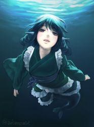 Rule 34 | 1girl, blue eyes, blue hair, drill hair, envenomist (gengoroumaru), fins, fish tail, foreshortening, frills, head fins, highres, japanese clothes, kimono, long sleeves, looking at viewer, mermaid, monster girl, obi, one-hour drawing challenge, parted lips, sash, smile, solo, tail, touhou, twitter username, underwater, wakasagihime, wide sleeves