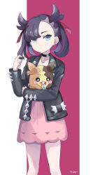 Rule 34 | 1girl, aqua eyes, asymmetrical bangs, bad id, bad pixiv id, black choker, black eyes, black hair, black jacket, black nails, choker, closed mouth, commentary request, creatures (company), dress, earrings, eating, feet out of frame, game freak, gen 8 pokemon, hair ribbon, highres, holding, jacket, jewelry, long hair, long sleeves, looking at viewer, marnie (pokemon), mei (maysroom), morpeko, morpeko (full), nail polish, nintendo, open clothes, open jacket, open mouth, pink dress, pokemon, pokemon (creature), pokemon swsh, purple ribbon, ribbon, signature, sleeves past wrists, standing, twintails, two-tone background, two side up