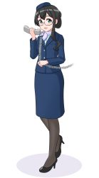Rule 34 | 1girl, alternate costume, black footwear, black hair, black pantyhose, blue eyes, blue jacket, blue shirt, blue skirt, corded phone, flight attendant, formal, full body, geometrie, glasses, high heels, holding, holding phone, jacket, kantai collection, long hair, long sleeves, looking at viewer, neckerchief, ooyodo (kancolle), open mouth, pantyhose, phone, purple neckerchief, shirt, simple background, skirt, skirt suit, smile, solo, standing, suit, travel attendant, white background