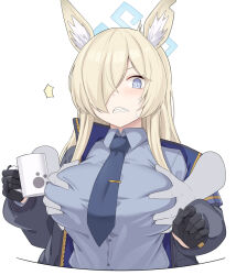 Rule 34 | 1girl, animal ear fluff, animal ears, blonde hair, blue archive, blue eyes, blush, grabbing another&#039;s breast, breasts, clenched teeth, coffee mug, collared shirt, cup, disembodied hand, grabbing, grey shirt, hair over one eye, halo, highres, kanna (blue archive), large breasts, long hair, long sleeves, looking at viewer, mug, necktie, sharp teeth, shirt, shiseki hirame, solo, teeth
