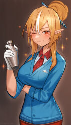 Rule 34 | 1girl, bartender, blonde hair, blush, breast pocket, breasts, cocktail shaker, collared shirt, dark-skinned female, dark skin, gloves, highres, hololive, large breasts, long hair, long sleeves, one eye closed, pocket, pointy ears, red eyes, shiranui flare, shirt, smile, solo, sparkle, standing, tungsten (kwfr4544), very long hair, virtual youtuber, white gloves, white hair