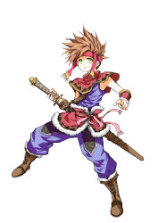 Rule 34 | 1boy, absurdres, bandages, boots, brown footwear, brown hair, fingernails, fur-trimmed boots, fur trim, green eyes, highres, holding, holding sword, holding weapon, male focus, parted lips, randi (seiken densetsu 2), scabbard, seiken densetsu, seiken densetsu 2, sheath, shimoda masaya, simple background, solo, sword, unsheathing, vambraces, weapon, white background