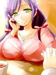 Rule 34 | 10s, 2girls, ayase eli, blush, breast rest, breasts, breasts on table, female pov, green eyes, head rest, interlocked fingers, jewelry, large breasts, long hair, looking at viewer, love live!, love live! school idol project, multiple girls, necklace, pov, pov across table, purple hair, smile, solo focus, tojo nozomi, twintails, urutsu sahari, yuri