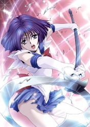 Rule 34 | 1girl, bishoujo senshi sailor moon, black hair, brooch, elbow gloves, gloves, highres, holding, holding polearm, holding spear, holding weapon, jewelry, kawarajima kou, no choker, open mouth, pleated skirt, polearm, purple eyes, purple hair, purple skirt, sailor saturn, short hair, silence glaive, skirt, solo, spear, star brooch, tiara, tomoe hotaru, weapon, white gloves