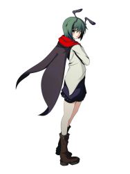 Rule 34 | 1girl, androgynous, antennae, boots, brown footwear, cape, crossed arms, female focus, full body, green eyes, green hair, jpeg artifacts, looking back, matching hair/eyes, reverse trap, rokushou kokuu, shoes, short hair, simple background, solo, standing, touhou, white background, wriggle nightbug