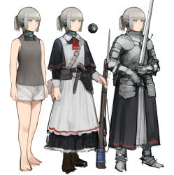 Rule 34 | 1girl, ?, android, apron, armor, bare shoulders, barefoot, bayonet, belt, belt pouch, black dress, blue eyes, blunt bangs, boots, breastplate, breasts, brown footwear, character sheet, closed mouth, collared dress, dress, expressionless, full body, gauntlets, gorget, grey hair, grey shirt, gun, gun sling, hand on weapon, handgun, highres, holding, holding sword, holding weapon, holster, leather belt, long sleeves, mechanical parts, necktie, original, pauldrons, plate armor, ponytail, pouch, rampart1028, red necktie, rifle, sabaton, shirt, short hair, short necktie, short ponytail, shorts, shoulder armor, sidelocks, simple background, sketch, sleeve cuffs, sleeveless, sleeveless shirt, small breasts, standing, sword, sword world 2.5, variations, weapon, white apron, white background, white shorts