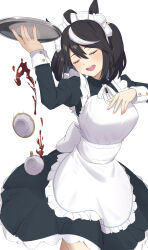 Rule 34 | 1girl, alternate costume, animal ears, apron, black dress, black hair, blush, chahanramen, closed eyes, commentary, cup, dress, enmaided, falling, hands up, highres, holding, holding tray, horse ears, horse girl, kitasan black (umamusume), maid, maid apron, maid headdress, multicolored hair, open mouth, saucer, simple background, smile, solo, streaked hair, tray, umamusume, white apron, white background, white hair, white headdress