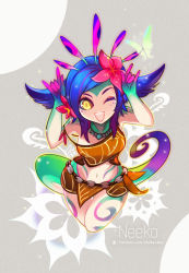 Rule 34 | 1girl, \m/, aa2233a, blue hair, body markings, breasts, character name, colored skin, double \m/, flower, freckles, hair flaps, hair flower, hair ornament, league of legends, long tail, loose clothes, medium hair, multicolored hair, multicolored skin, navel, neeko (league of legends), nico nico nii, one eye closed, open mouth, skirt, solo, streaked hair, tail, tank top, teeth, yellow eyes