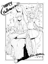 Rule 34 | 2girls, animal ears, ascot, blunt bangs, book, cat ears, crystal, daitai konna kanji, dress, fang, flandre scarlet, frilled dress, frilled sleeves, frills, greyscale, halloween, happy halloween, hat, long hair, mary janes, mob cap, monochrome, multiple girls, open mouth, patchouli knowledge, shoes, side ponytail, sitting, skirt, smile, sweatdrop, touhou, translation request, wings