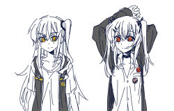 Rule 34 | 2girls, :q, arms up, buttons, chinese commentary, closed mouth, collar, collarbone, commentary request, girls&#039; frontline, hair between eyes, hair ornament, hair ribbon, hairclip, hood, hooded jacket, jacket, long hair, long sleeves, looking at viewer, monochrome, multiple girls, one side up, open clothes, open jacket, red eyes, ribbon, scar, scar across eye, shirt, simple background, smile, spot color, su xiao jei, tongue, tongue out, twintails, ump45 (girls&#039; frontline), ump9 (girls&#039; frontline), upper body, very long hair, white background, yellow eyes