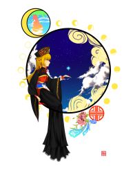 Rule 34 | 1girl, absurdres, adapted costume, black dress, blonde hair, chinese clothes, cloud, dress, flower, hand up, hat, highres, houraisan kaguya, junko (touhou), long hair, long sleeves, moon phases, night, night sky, obi, petals, profile, red eyes, ribbon, sash, silhouette, sitting, sky, solo, star (sky), star (symbol), starry sky, tabard, tangerine (coffeehater), touhou, transparent background, very long hair, wide sleeves, wind