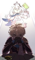 Rule 34 | 1boy, 1girl, absurdres, aether (genshin impact), ahoge, arm armor, armor, arms up, between fingers, blonde hair, blue scarf, brown gloves, brown shirt, cape, closed eyes, commentary request, covered mouth, credit card, crystal hair ornament, earrings, facial hair, fake facial hair, fake mustache, flying, genshin impact, gloves, gold trim, gradient background, grey background, hair between eyes, hair ornament, halo, hands up, highres, holding, jewelry, light, long sleeves, looking at viewer, mechanical halo, mustache, open mouth, orange cape, own hands together, paimon (genshin impact), puffy long sleeves, puffy sleeves, romper, scarf, shadow, shirt, short sleeves, shoulder armor, simple background, single earring, sitting, sweat, table, touji gnsn, v-shaped eyebrows, wallet, white background, white hair, white romper, white scarf, yellow eyes