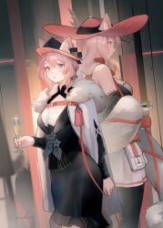 Rule 34 | 2girls, absurdres, animal ears, arknights, bare shoulders, black shirt, black skirt, cat ears, champagne flute, commentary request, cowboy shot, cup, drinking glass, dual persona, ears through headwear, feather boa, fur trim, heidi (arknights), highres, holding, holding cup, indoors, long hair, miniskirt, multiple girls, parted lips, pink hair, purple eyes, red headwear, shirt, skirt, standing, welt (kinsei koutenkyoku)