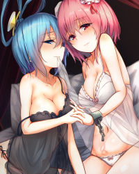 Rule 34 | 2girls, babydoll, bed, blue eyes, blue hair, blush, borushichi, breasts, chain, commentary request, covered erect nipples, cuffs, double bun, hair rings, highres, ibaraki kasen, interlocked fingers, kaku seiga, large breasts, looking at viewer, medium breasts, mouth hold, multiple girls, panties, pillow, pink hair, red eyes, see-through, shackles, short hair, sitting, smile, touhou, underwear