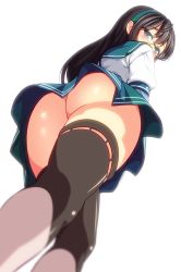 Rule 34 | 10s, 1girl, 846-gou, ahoge, ass, blue eyes, blush, brown hair, from behind, from below, glasses, green skirt, hairband, highres, kantai collection, long hair, looking at viewer, looking back, looking down, ooyodo (kancolle), pleated skirt, puffy short sleeves, puffy sleeves, rimless eyewear, sailor collar, school uniform, serafuku, shirt, short sleeves, simple background, skirt, solo, tareme, thighhighs, thighs, upskirt, very long hair, walking, white background, white shirt