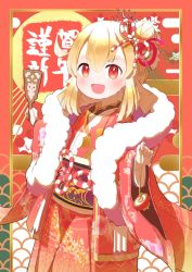 Rule 34 | 1girl, :d, ahoge, alternate costume, alternate hairstyle, blonde hair, bow, commentary request, dual wielding, fur scarf, genshin impact, hair between eyes, hair bow, hair bun, hair ornament, hanetsuki, highres, holding, japanese clothes, kimono, klee (genshin impact), long hair, long sleeves, looking at viewer, low twintails, nengajou, new year, obi, open mouth, p umi, pointy ears, red eyes, rope, sash, shimenawa, side bun, sidelocks, single side bun, smile, solo, translation request, twintails, wide sleeves