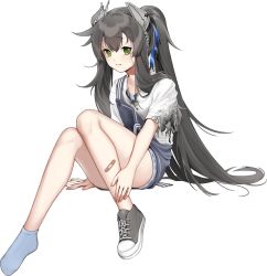 Rule 34 | 1girl, alternate costume, black hair, blouse, blue socks, full body, green eyes, headgear, i-47 (kancolle), kantai collection, long hair, official art, shirt, socks, solo, torn clothes, torn shirt, transparent background, wavy mouth