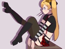 Rule 34 | 1girl, animal collar, black choker, black footwear, black ribbon, black shirt, black sleeves, black thighhighs, blonde hair, blue eyes, boots, choker, collar, covenanter (kehotank), covenanter (tank) (personification), cross-laced footwear, detached sleeves, earrings, food, from side, garter straps, grey background, hair ribbon, headgear, jewelry, lace-up boots, leg up, long hair, midriff, miniskirt, mouth hold, navel, original, personification, plaid, plaid skirt, pleated skirt, pocky, red skirt, ribbon, shadow, shirt, short sleeves, sitting, skirt, solo, soumu (kehotank), striped sleeves, suspender skirt, suspenders, thighhighs, twintails